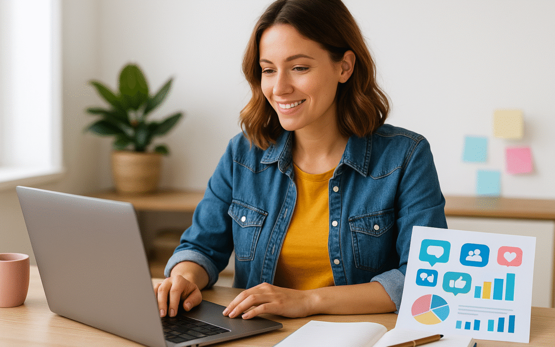 Femme entrepreneure souriante travaillant sur son ordinateur avec des visuels de communication, illustrant l’importance de la communication pour lancer son activité.