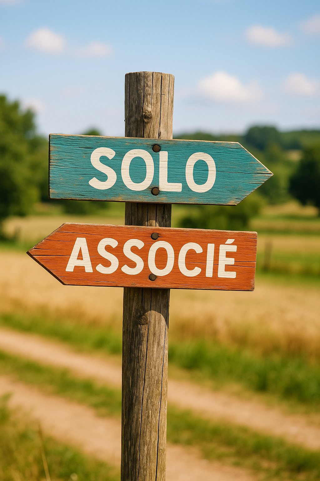 Panneau en bois indiquant deux directions : « Solo » et « Associé » sur un chemin de campagne