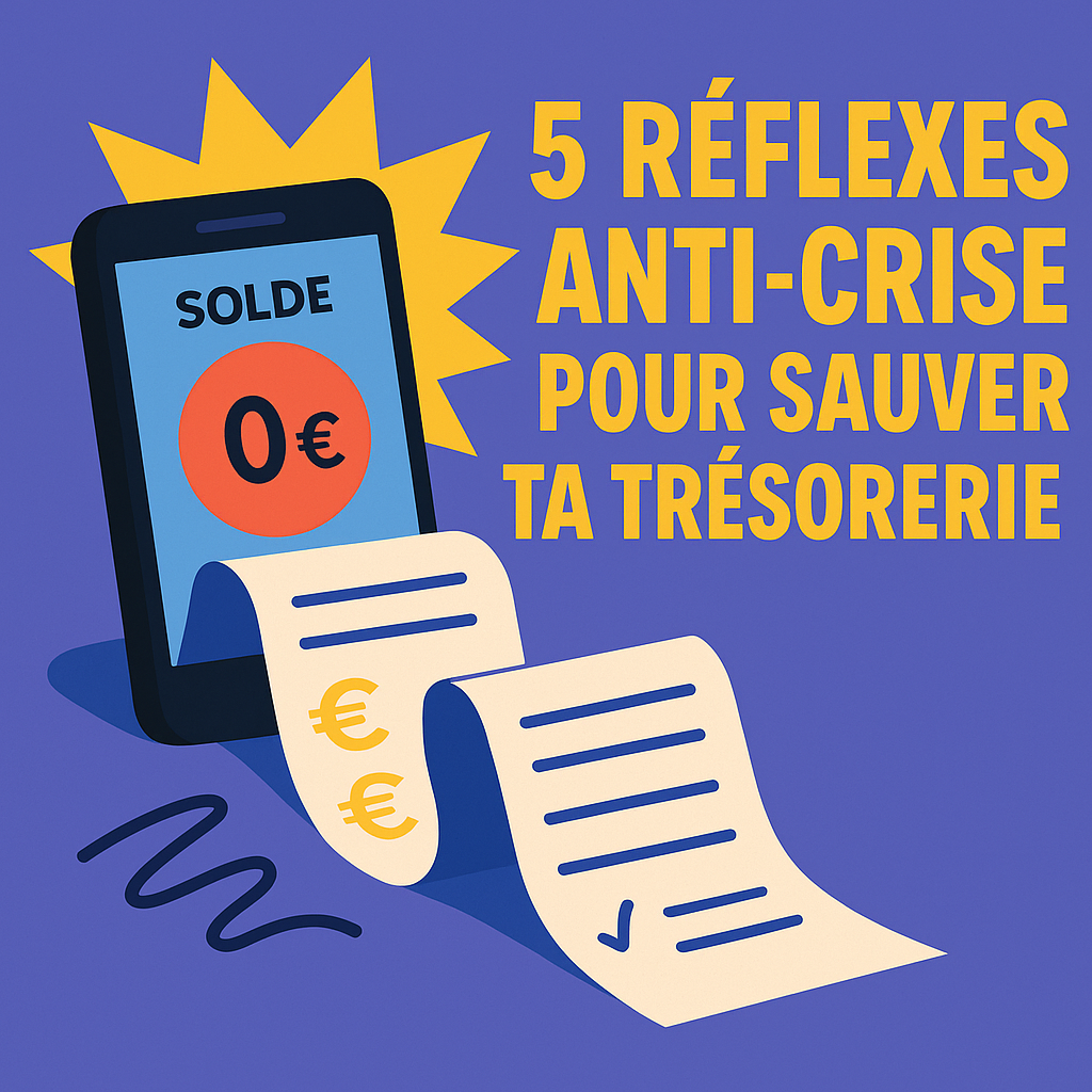 Illustration vectorielle d’un smartphone affichant un solde bancaire à 0 € avec des factures et une alerte visuelle, sur fond coloré.