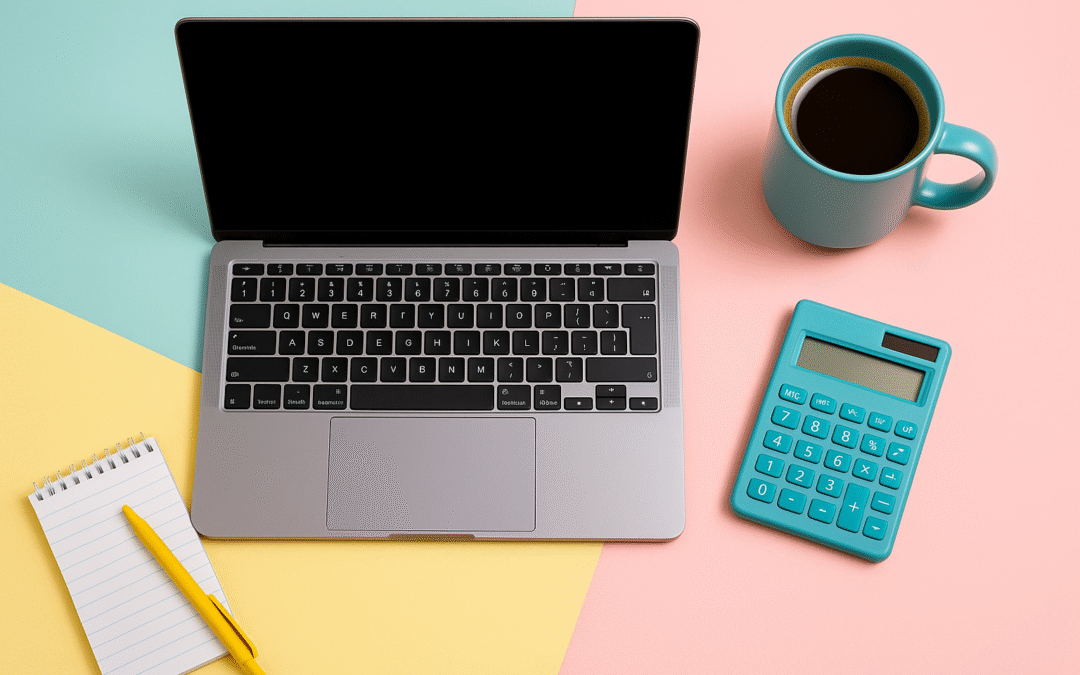 Photo d’un bureau avec un ordinateur portable, une calculatrice turquoise, un café, un carnet et un stylo jaune sur fond rose, turquoise et jaune avec un hibiscus.