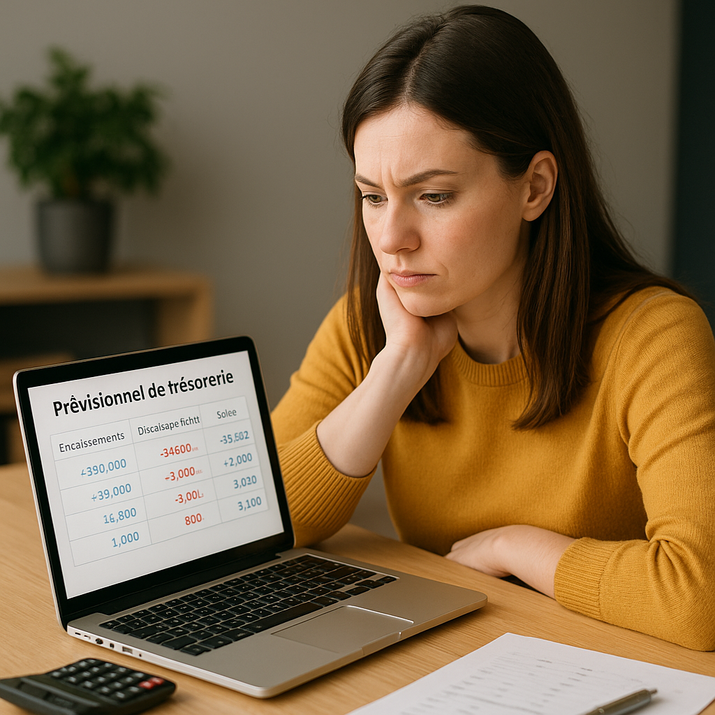 Femme entrepreneure devant son ordi, concentrée sur un tableau de trésorerie.