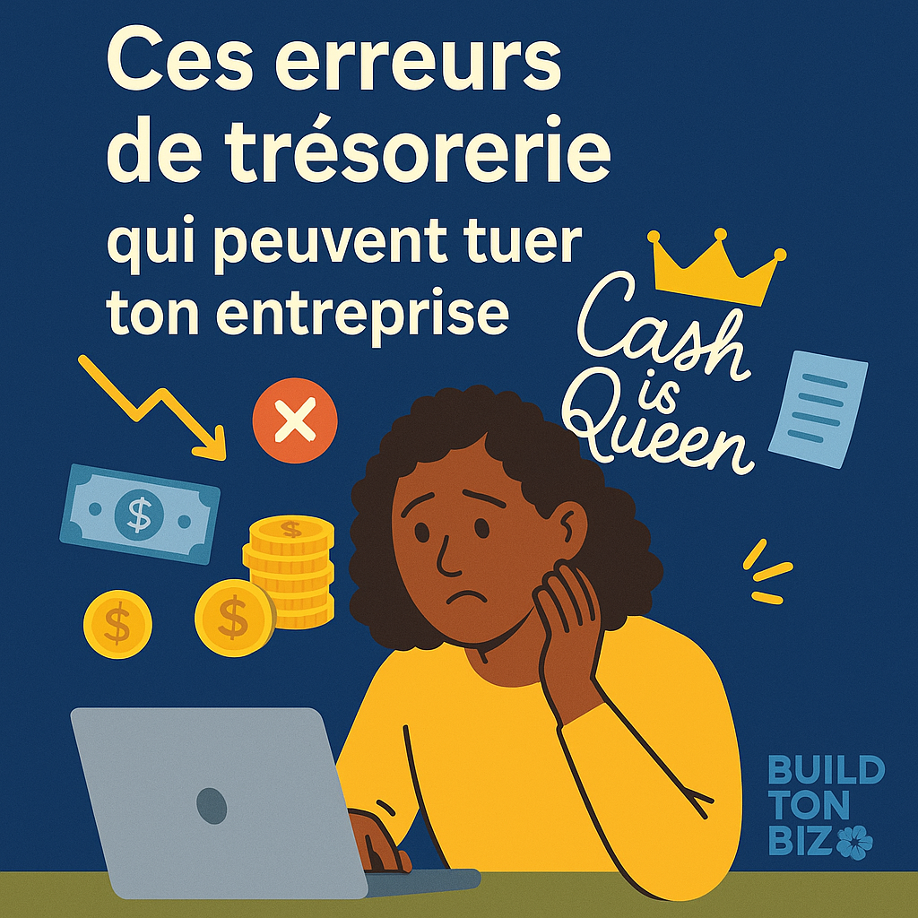 Femme préoccupée par sa trésorerie devant son ordinateur, entourée d’icônes financières et du texte "Cash is Queen"